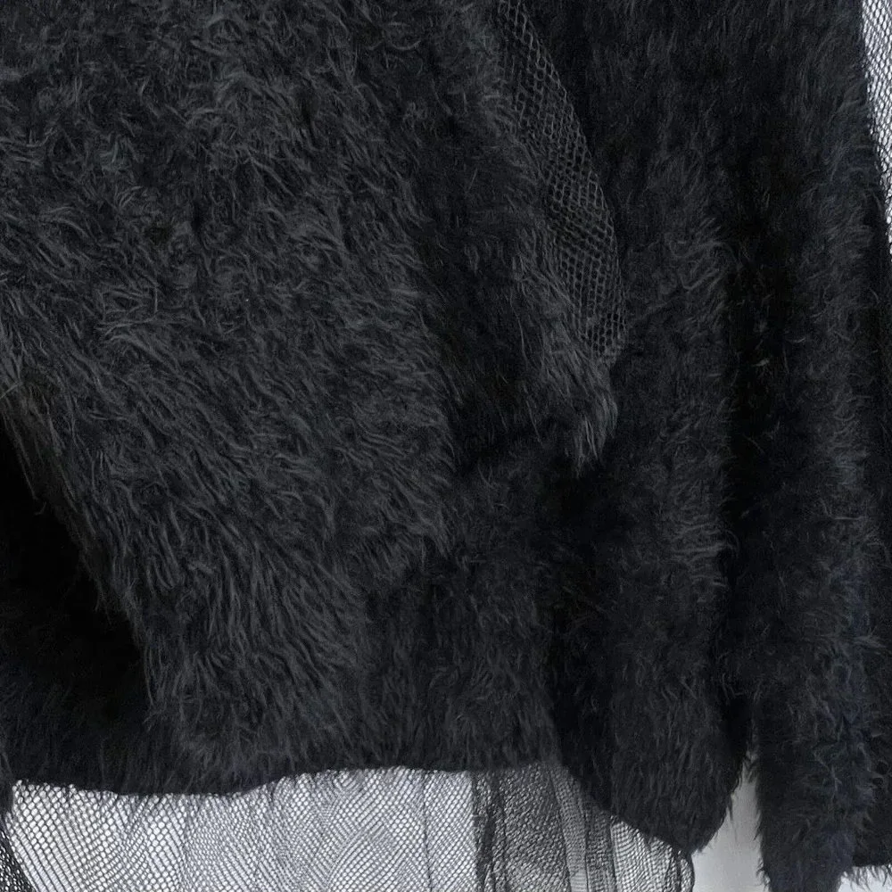 TOV Los Angeles Faux Fur Black Sweater Top w/ Net Accents Sz 42/M - Picture 3 of 6